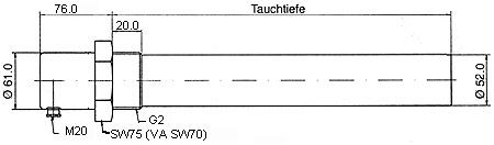 Technische Zeichnung einer Einschraubheizpatrone mit Durchmesser 52 mm