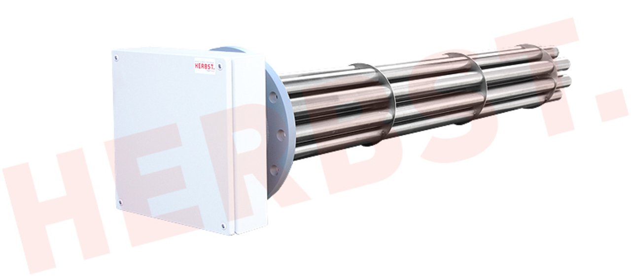 Flange immersion heater equipped with cartridge heating elements for preheating hydraulic and thin industrial oil
