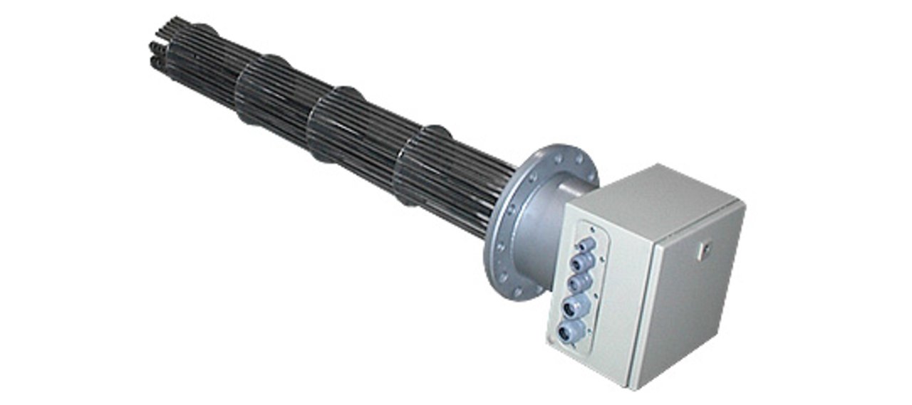 Flange immersion heaters for heating of water and oil but also gases