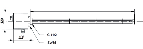 Technische Zeichnung eines Einschraubheizkörpers mit Temperaturregler und Begrenzer