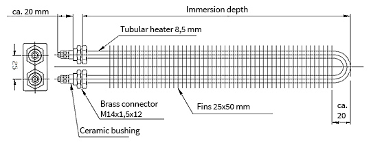 Finned heater with 25x50 mm stainless steel fins